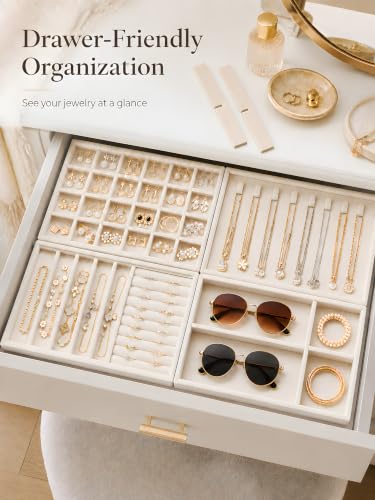 Stackable Jewelry Trays Set of 4 - Drawer Organizer for Earrings, Rings, Necklaces