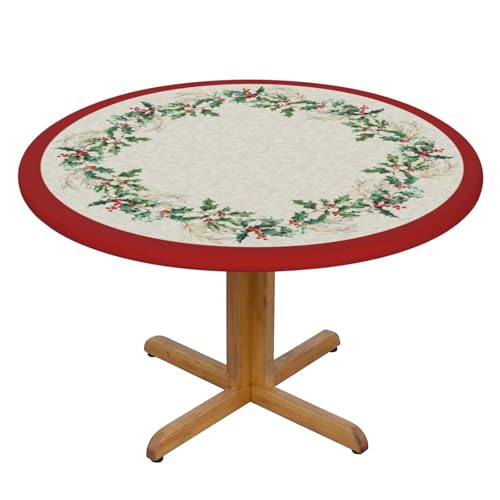 Christmas Round Tablecloth with Elastic Edge - 50 Inch Green Leaf Red Tan