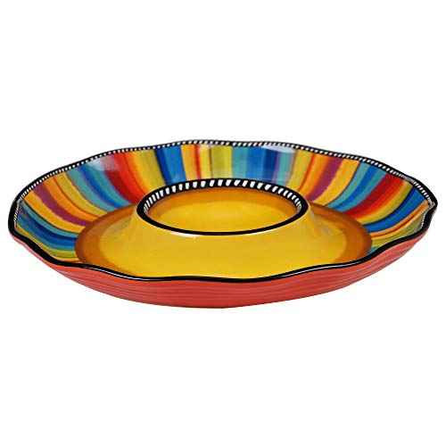 Sierra 13.5" Chip & Dip Platter ? Great for Parties, Game Day, and Appetizers ? Colorful Multicolor Ceramic Snack Server
