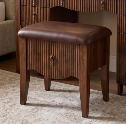 Mid-Century Modern Vanity Stool with Storage Drawer, Walnut