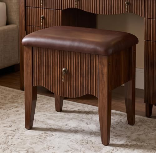 Mid-Century Modern Vanity Stool with Storage Drawer, Walnut