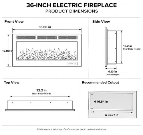 36 Inch Electric Fireplace Insert with Remote Control - Recessed or Wall Mount