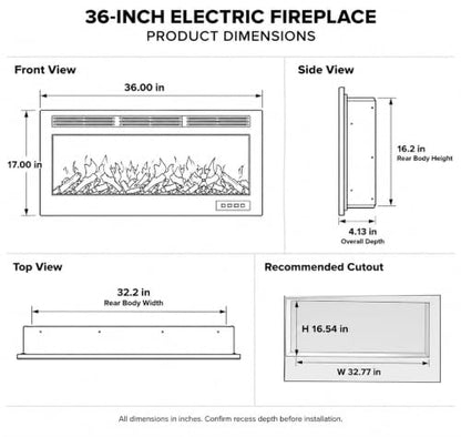36 Inch Electric Fireplace Insert with Remote Control - Recessed or Wall Mount
