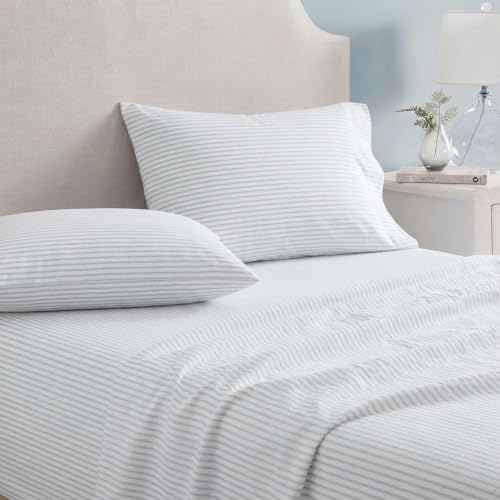 Queen Cotton Flannel Sheet Set with Deep Pocket Fitted & Pillowcases - Ticking Stripe Blue