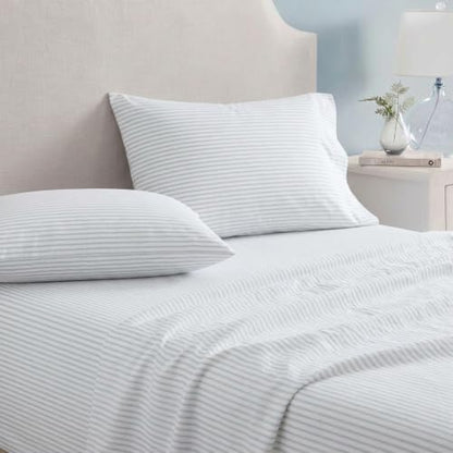 Queen Cotton Flannel Sheet Set with Deep Pocket Fitted & Pillowcases - Ticking Stripe Blue