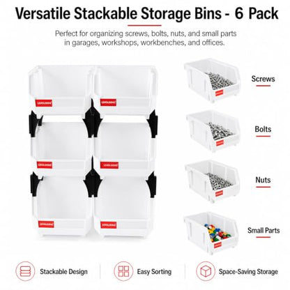 White Stackable Parts Bins - Heavy Duty Plastic Organizer 5x4x3 in (6 Pack)