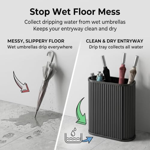 Black Modern Metal Umbrella Bucket Stand with Drain Tray - 14.6 x 7.1 x 20.5in