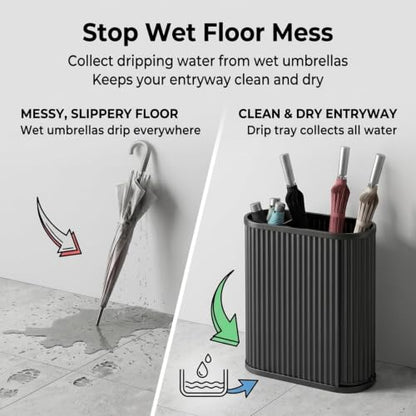 Black Modern Metal Umbrella Bucket Stand with Drain Tray - 14.6 x 7.1 x 20.5in