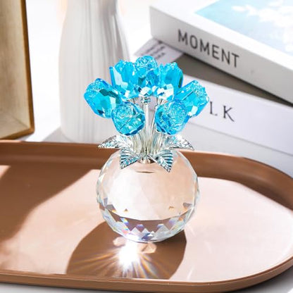 Crystal Lake Blue Rose Figurine with Vase - Romantic Glass Flower Gift for Women