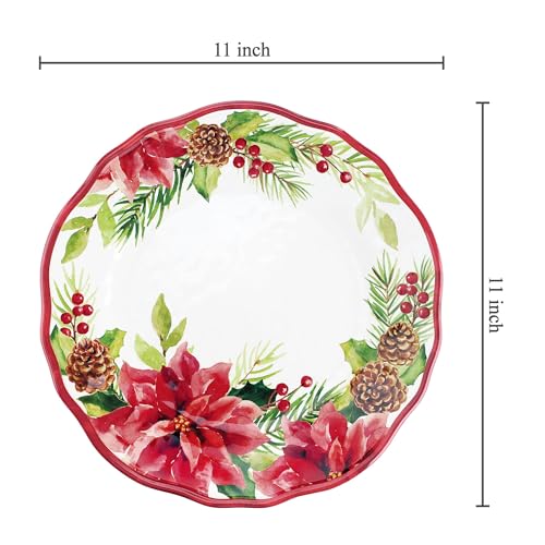 Poinsettias Melamine Dinner Plate Set - Christmas Flower-Shaped Plates, 11 Inch, Set of 6 - Red, BPA-Free, Dishwasher Safe