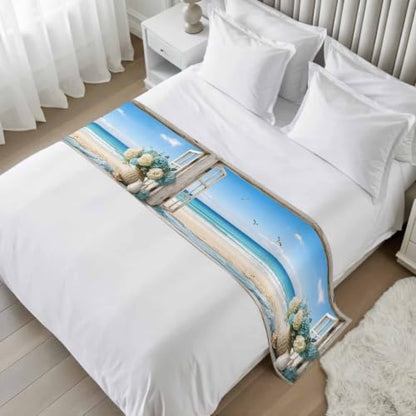 Blue Coastal Bed Runner for King Size Bed - 94x20 Inch Reversible Decorative Bed Throw Scarves