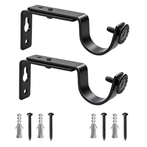 Black Curtain Rod Brackets Heavy Duty Wall Mount 2 Pack for 1 Inch Round Rods