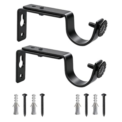 Black Curtain Rod Brackets Heavy Duty Wall Mount 2 Pack for 1 Inch Round Rods