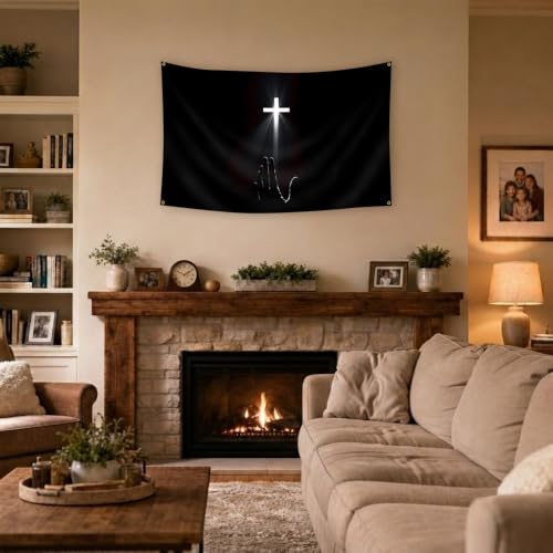 Christian Cross & Praying Hand Tapestry Wall Banner - 3x5 ft Religious Decor