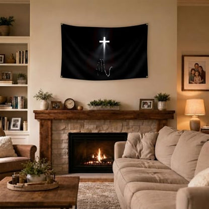 Christian Cross & Praying Hand Tapestry Wall Banner - 3x5 ft Religious Decor