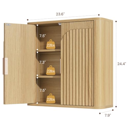 Vividwood Fluted Wall Mounted Bathroom Cabinet Set of 2 with Adjustable Shelves - Modern Over Toilet Storage for Laundry, Kitchen, Living Room - Natural Finish