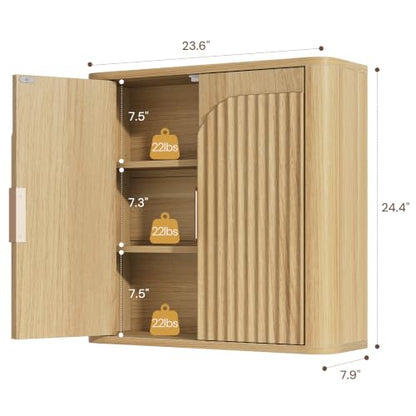 Vividwood Fluted Wall Mounted Bathroom Cabinet Set of 2 with Adjustable Shelves - Modern Over Toilet Storage for Laundry, Kitchen, Living Room - Natural Finish