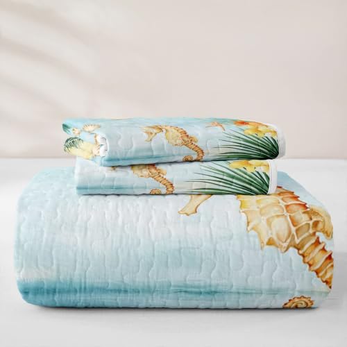 Cozy Twin Size Coastal Seahorse Quilt Set with Pillowcases - Green Blue