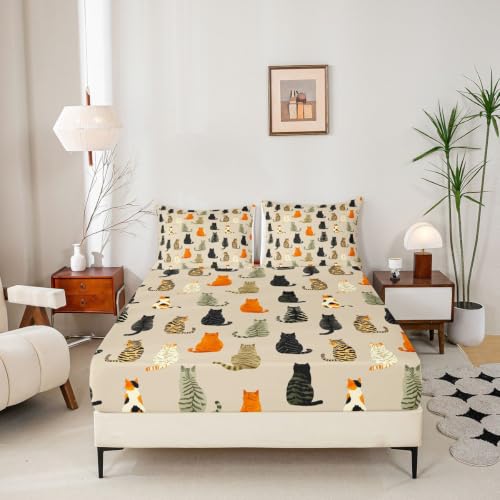 Manfei Cat Fitted Sheet Twin Size Orange Black Kitten Bedding Set 2Pcs - Deep Pocket