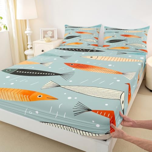 Grey-Blue Queen Size Fish Sheets Set - Colorful Nautical Bedding for Kids & Adults
