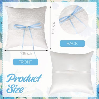 Wedding Ring Pillow with Blue Bow & Lace - 7.9 x 7.9 Inch