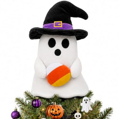 Halloween Ghost Tree Topper with Witch Hat and Candy Corn - 11 Inch Decor