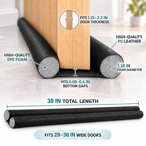 4 Pack Adjustable Door Draft Stopper - 38 Inch Double Sided Seal for 28-38 Inch Wide Doors, No Adhesive, Wipe-Clean PU Leather Cover - Black