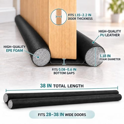 4 Pack Adjustable Door Draft Stopper - 38 Inch Double Sided Seal for 28-38 Inch Wide Doors, No Adhesive, Wipe-Clean PU Leather Cover - Black