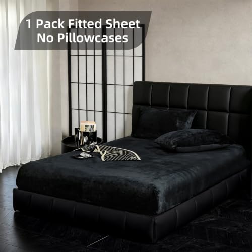 Velvet Fitted Sheet Queen Size Black - Fluffy Plush Bottom Bed Sheet