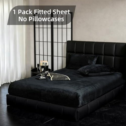 Velvet Fitted Sheet Queen Size Black - Fluffy Plush Bottom Bed Sheet