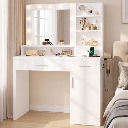 Makeup Vanity Desk with Adjustable LED Lights & Mirror, White