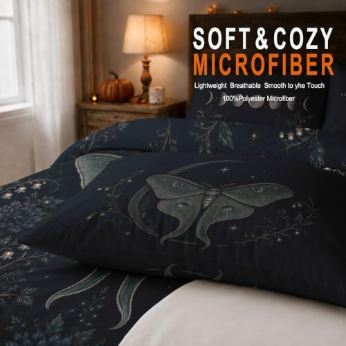 Oversized King Gothic Duvet Cover Set Luna Moth Floral Navy Blue Gray Silver