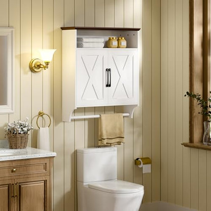 White Farmhouse Bathroom Wall Cabinet with Motion Sensor LED Light & Towel Bar