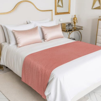 102 x 20 Inch Coral Pink Satin Bed Runner Cal King Size - Modern Bedroom Decor