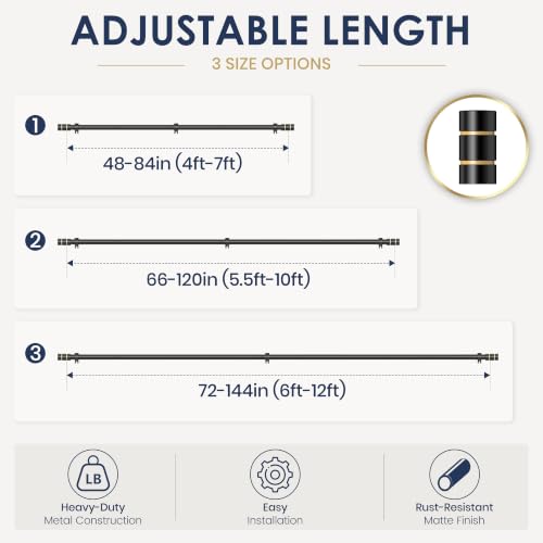 Black & Gold Curtain Rods for Windows, 66-120 Inch, Heavy Duty Adjustable