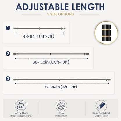 Black & Gold Curtain Rods for Windows, 66-120 Inch, Heavy Duty Adjustable