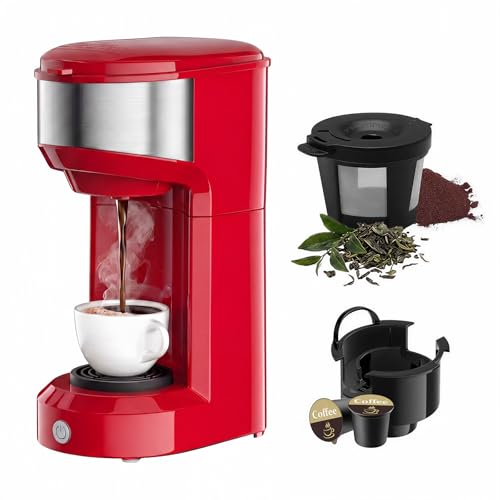 Red Single Serve Coffee Maker with K Cup & Ground Coffee Options - Compact & Fast Brewing