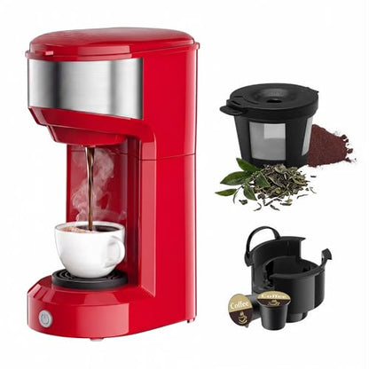 Red Single Serve Coffee Maker with K Cup & Ground Coffee Options - Compact & Fast Brewing