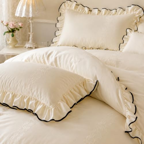 King Size Ruffle Cotton Duvet Cover Set with Pillow Shams & Fitted Sheet - Farmhouse Ivory White Bedding
