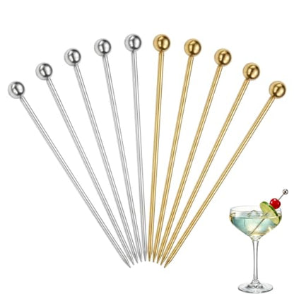 Reusable Metal Cocktail Picks 10-Pack - 304 Stainless Steel Garnish Skewers