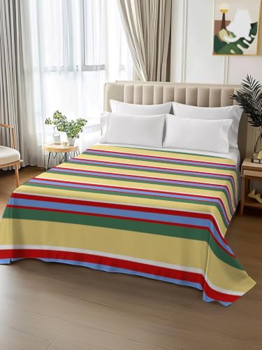 Yellow Queen Size Flat Sheet Microfiber Breathable Bed Top Sheet - Colorful Stripes