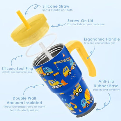 Construction Kids Tumbler 20oz Insulated Stainless Steel Cup with Handle & Silicone Straw Lid - Gift Idea for Boys & Girls