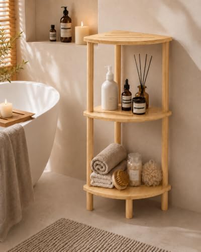 Vaelyss 3-Tier Bamboo Corner Shower Stool with Storage, Space-Saving Bathroom Organizer