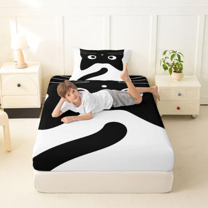 Black Cat Bed Sheets Twin Size with Deep Pockets and Vibrant Prints - Kids Bedding Set