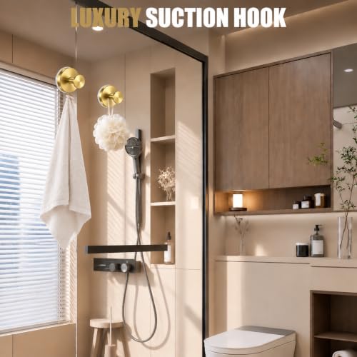 Brushed Gold Suction Cup Hooks for Shower Bathroom Towel Hooks 2 Pack