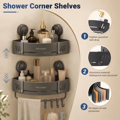 2-Pack Shower Caddy Corner Suction Cup Towel Rack with Bar & Hooks - Gray