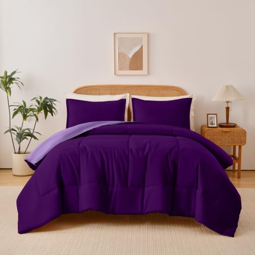 Queen Size Reversible Comforter Set 3 Pieces - Deep/Light Purple, 90x90 Inches, Ultra Soft All-Season Bedding
