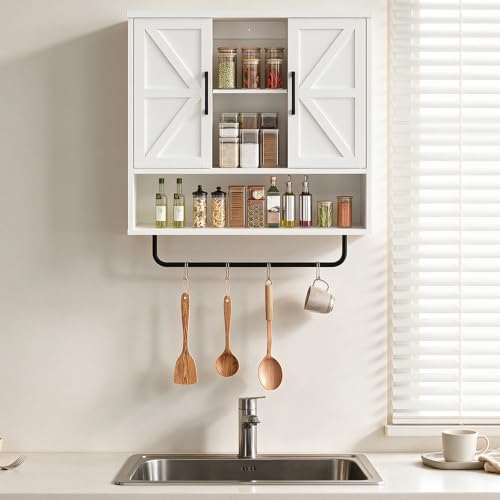Bathroom Wall Cabinet with Doors and Towel Bar - Wall Mounted Storage Organizer