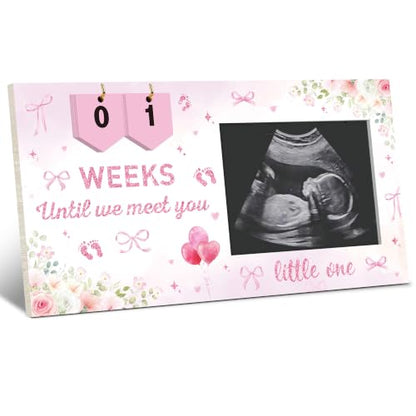 Pregnancy Ultrasound Picture Frame with Pink Bow & Countdown - Keepsake