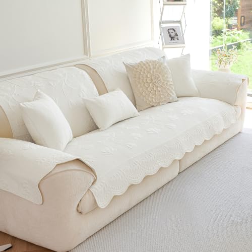 Cotton Quilted Sofa Cover for Sectional Couch - Cream, 43.3 x 94.5 Inches - Non-Slip Design
